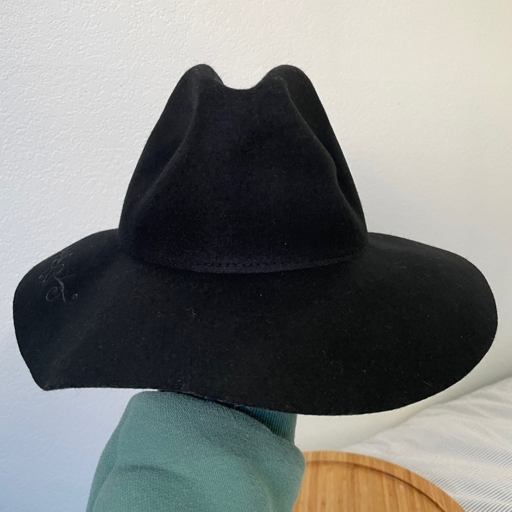 TIRABASSO NWOT 100% Wool Black Wide Brim Hat with Floral Detail, OS